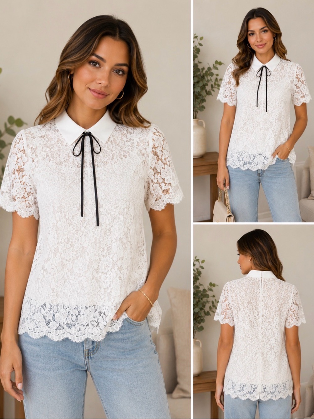 Karl Lagerfeld Ivory Lace Blouse with Black Tie Collar